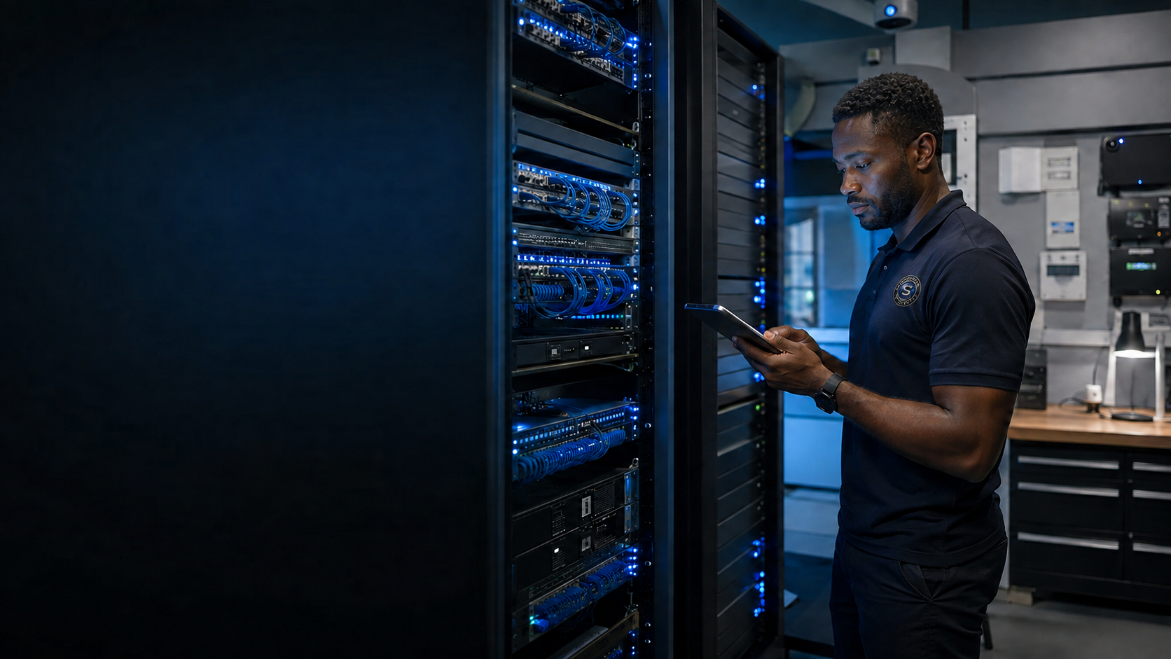 Surveillance Options technician checking organised network infrastructure